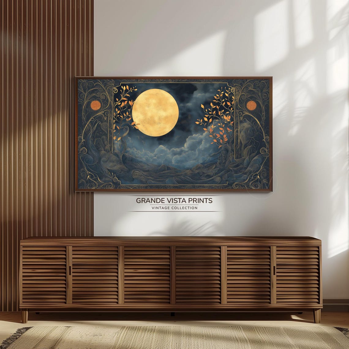 Golden Full Moon Ornate Night Sky Celestial Illustration Wall Poster - Image 3
