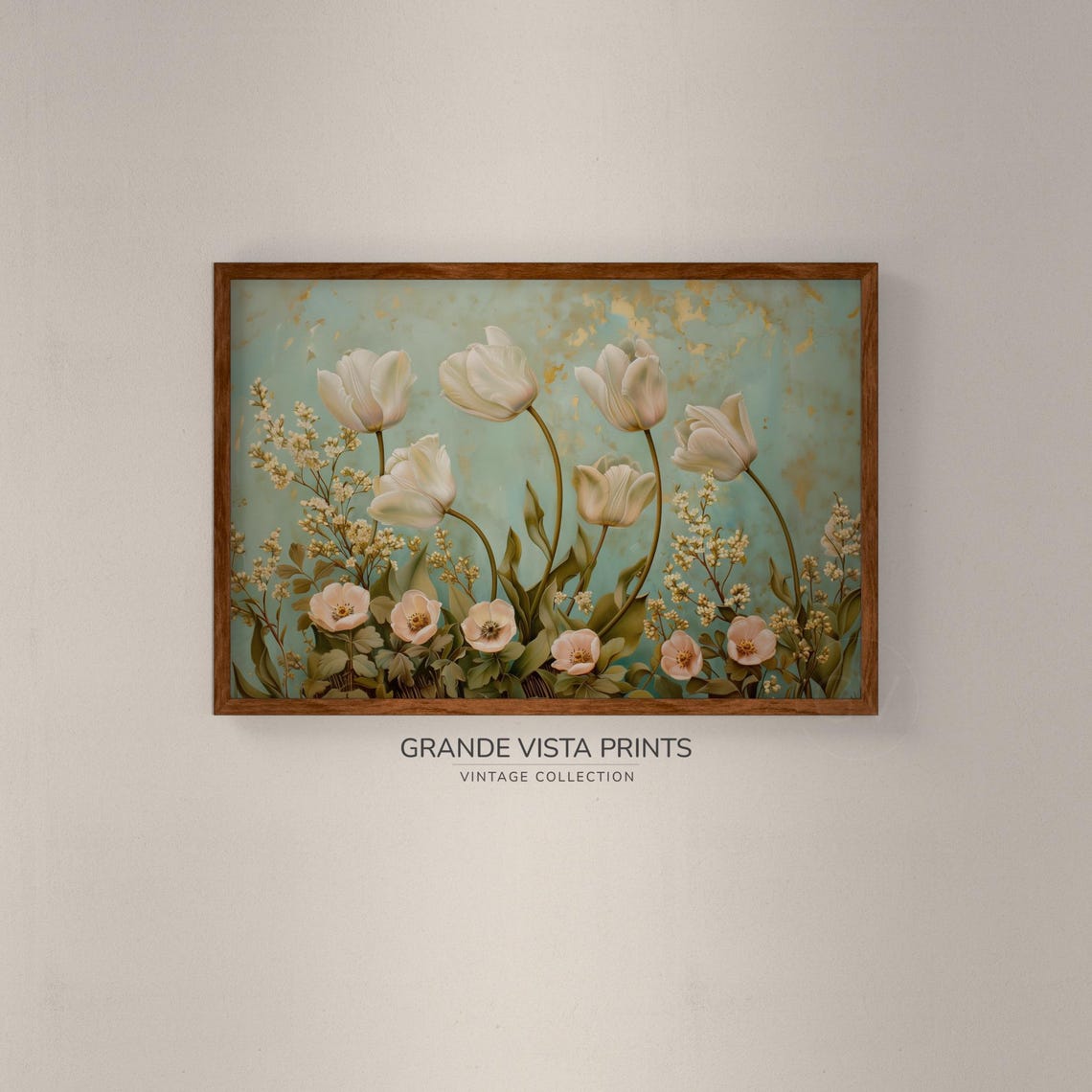 White Tulips Spring Flowers on Teal Gold Vintage Wall Print Poster - Image 2
