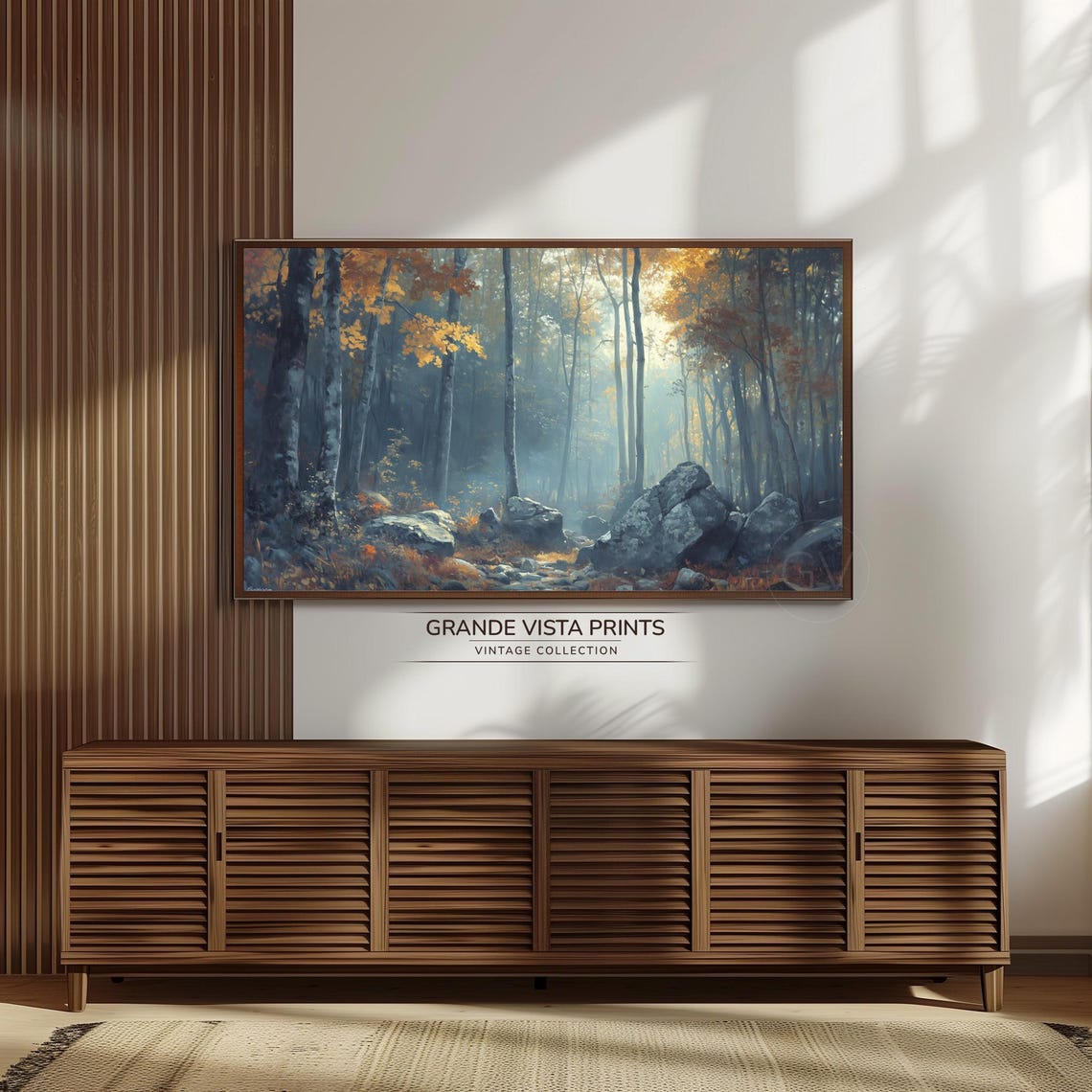 Autumn Forest Golden Birch Trees Sunlit Misty Vintage Painting - Image 3