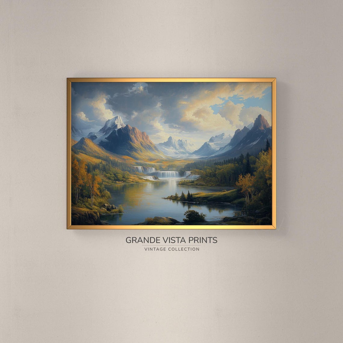 Alpine Lake Waterfall Snow Capped Peaks Autumn Valley Landscape Poster
