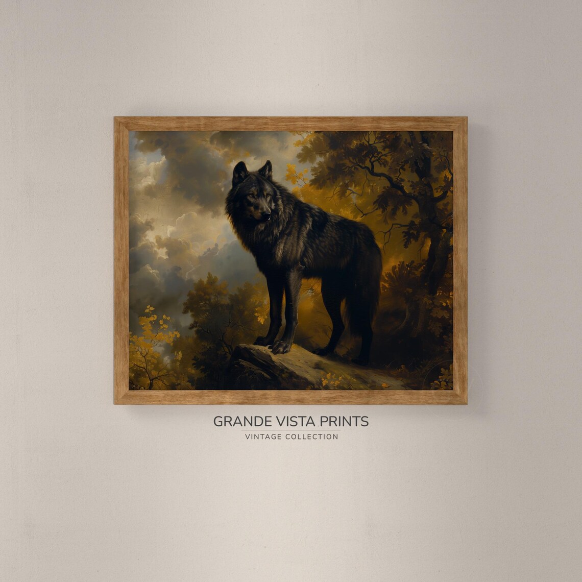 Black Wolf Forest Landscape Painting Art Print - Image 4