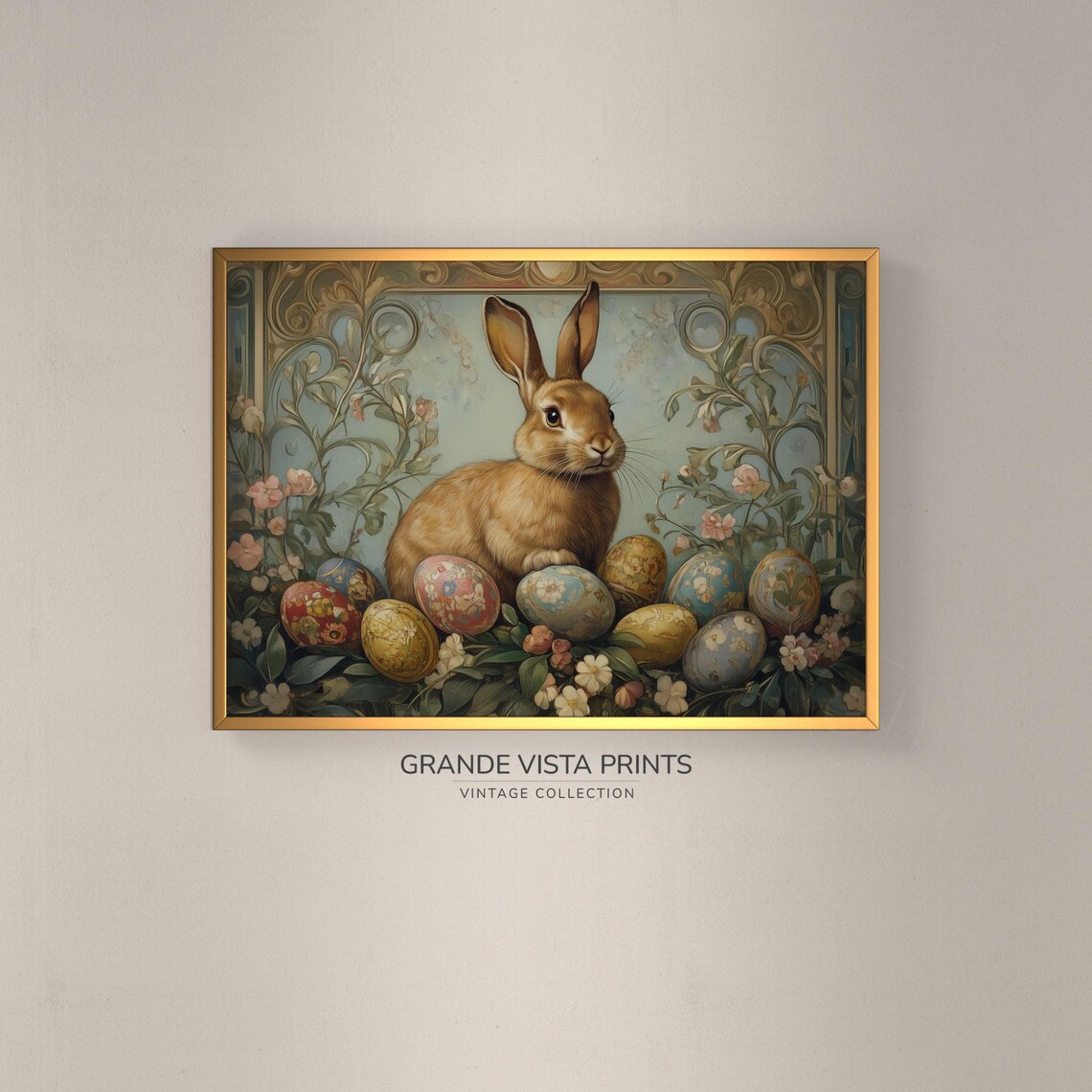 Floral Easter Bunny Art Print, Easter Home Decor
