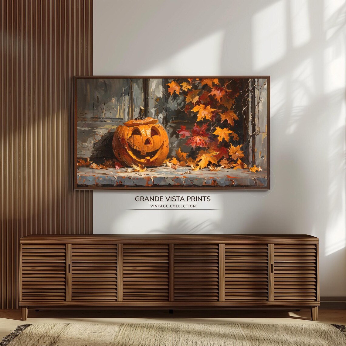 Happy Jack O Lantern Stone Sill Autumn Vines Vintage Halloween Art Poster - Image 3