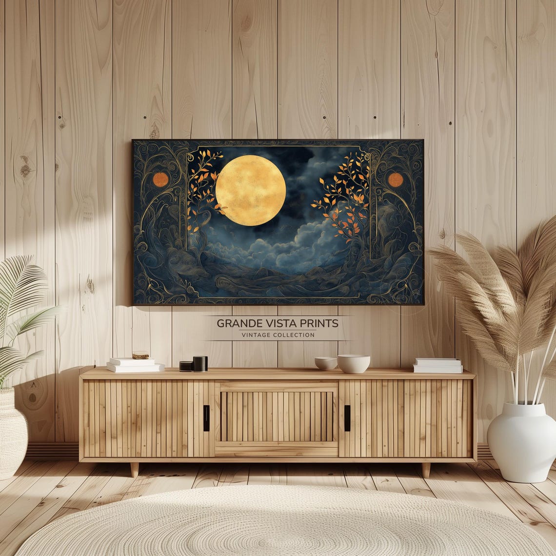 Golden Full Moon Ornate Night Sky Celestial Illustration Wall Poster - Image 2
