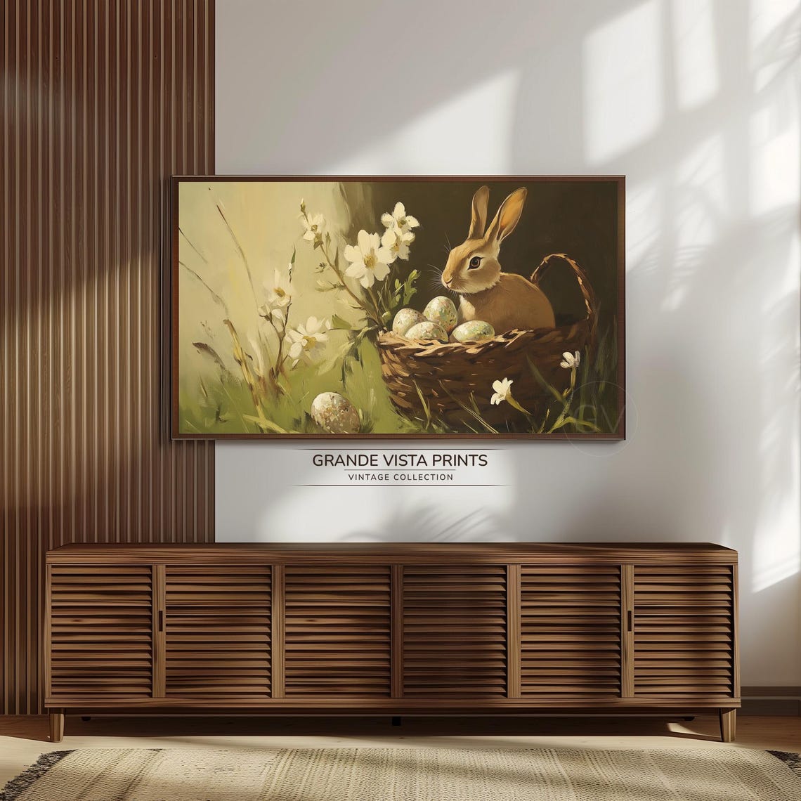 Brown Bunny Basket Speckled Easter Eggs White Flowers Vintage Print - Image 3