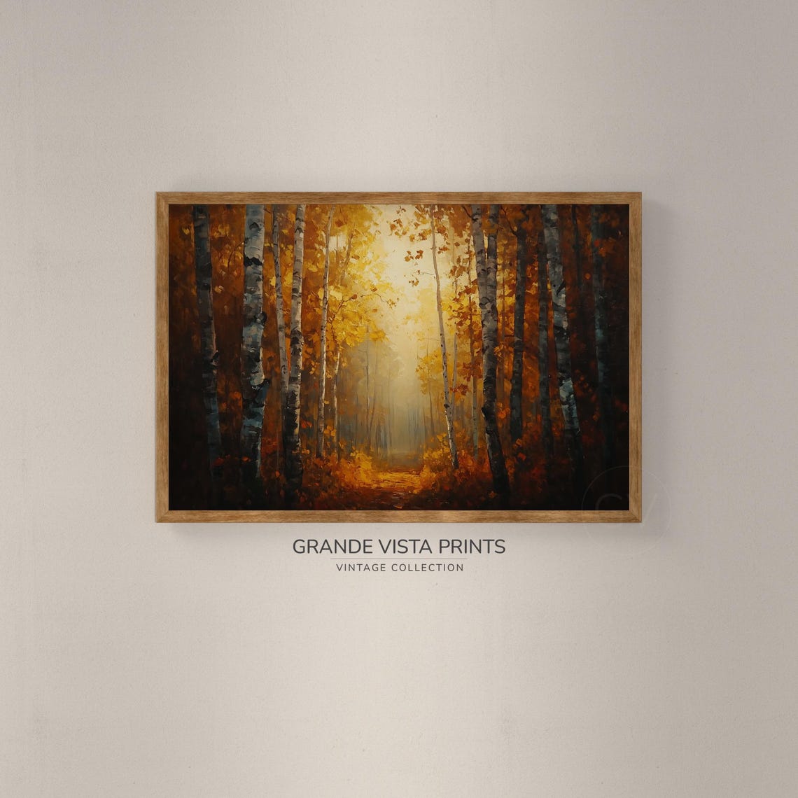 Misty Golden Birch Forest Sunlit Path Amber Vintage Wall Art - Image 2