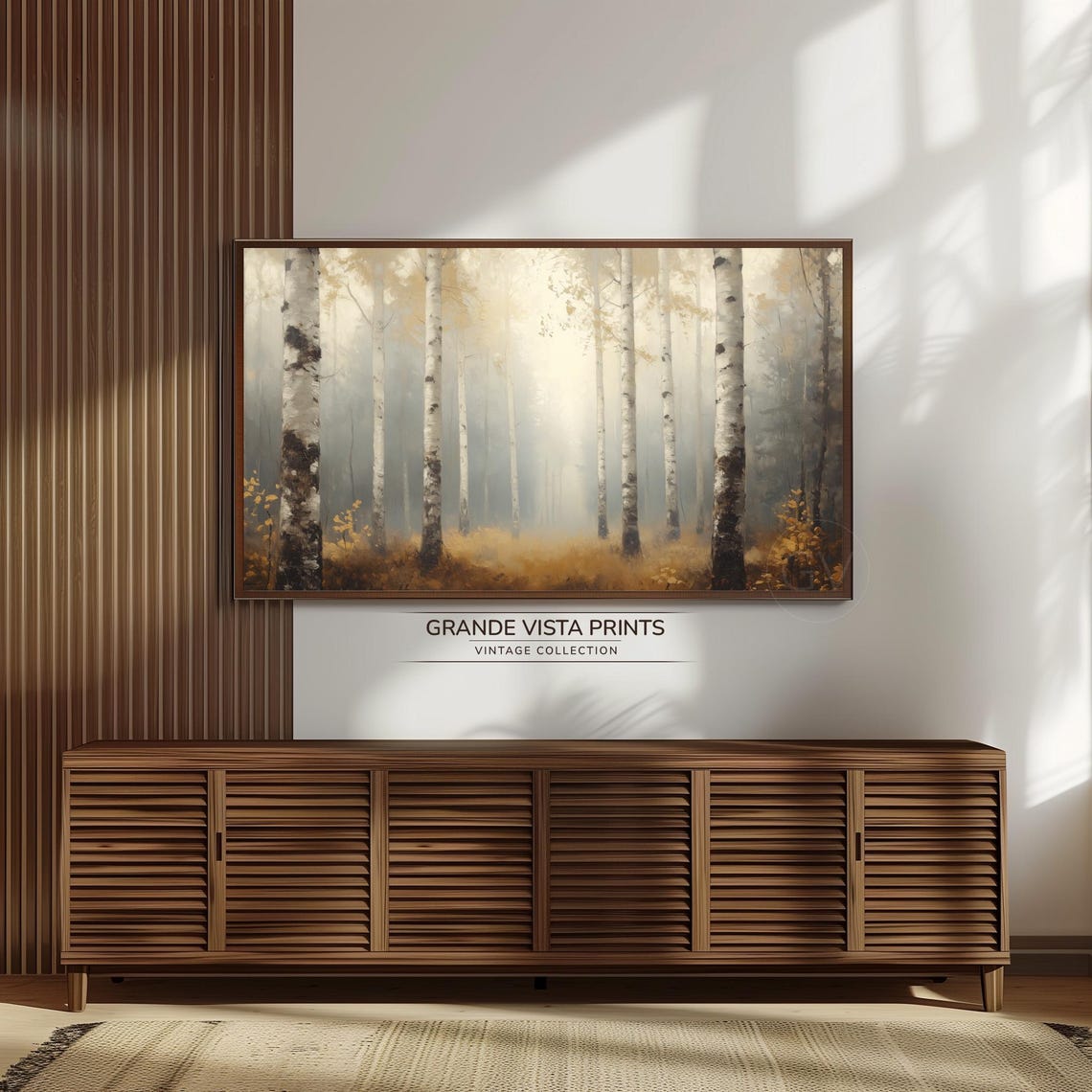Misty Autumn Birch Forest Foggy Golden Trees Panoramic Wall Art - Image 3