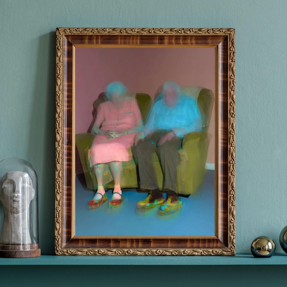 Ghostly Elderly Couple Double Exposure Memory Blurred Photo Art Poster