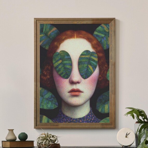 Red Hair Woman with Leaf Glasses Surreal Neon Botanical Portrait Poster