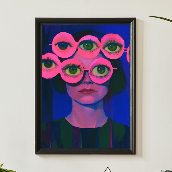 Pink Floating Eyes Glasses Neon Surreal Woman Portrait Art Poster