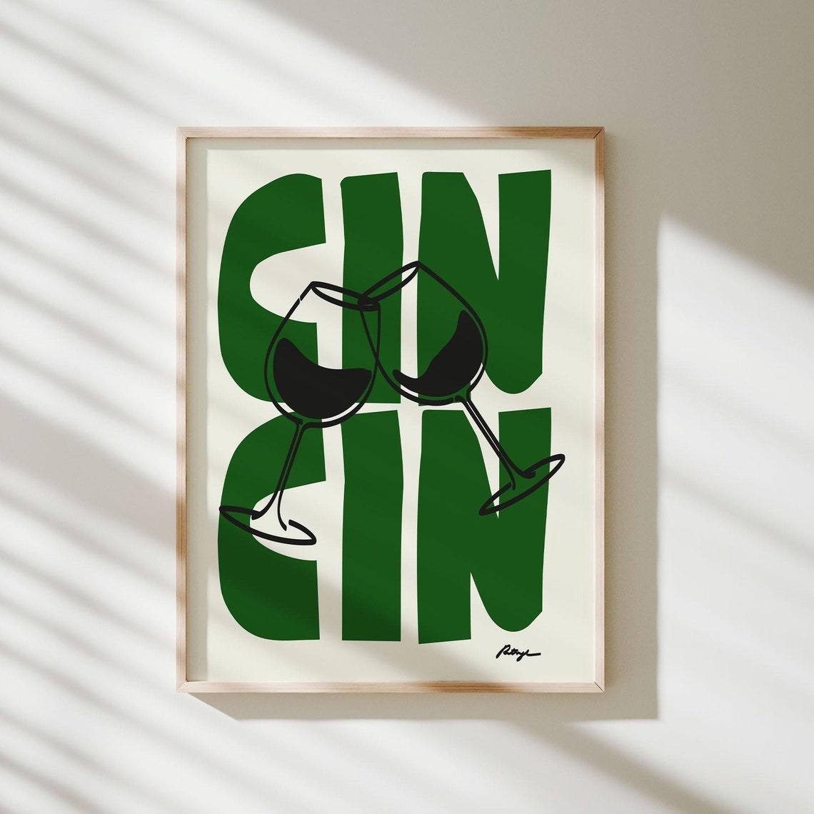 Cin Cin Green Retro Typography Wine Glasses Cheers Art Poster