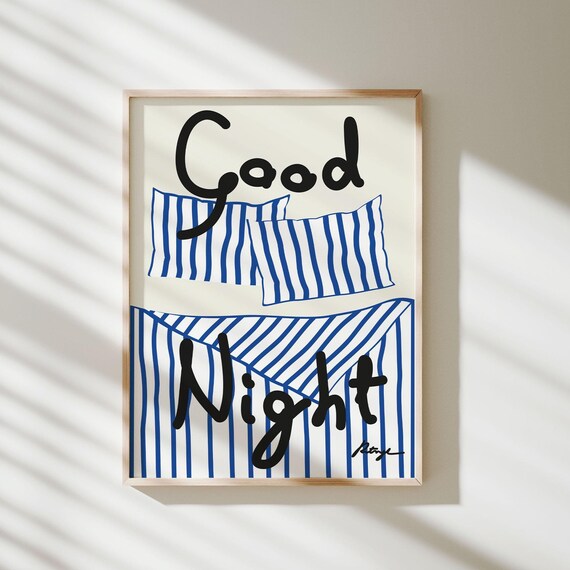 Good Night Blue Striped Bedding Cozy Bedroom Typography Poster