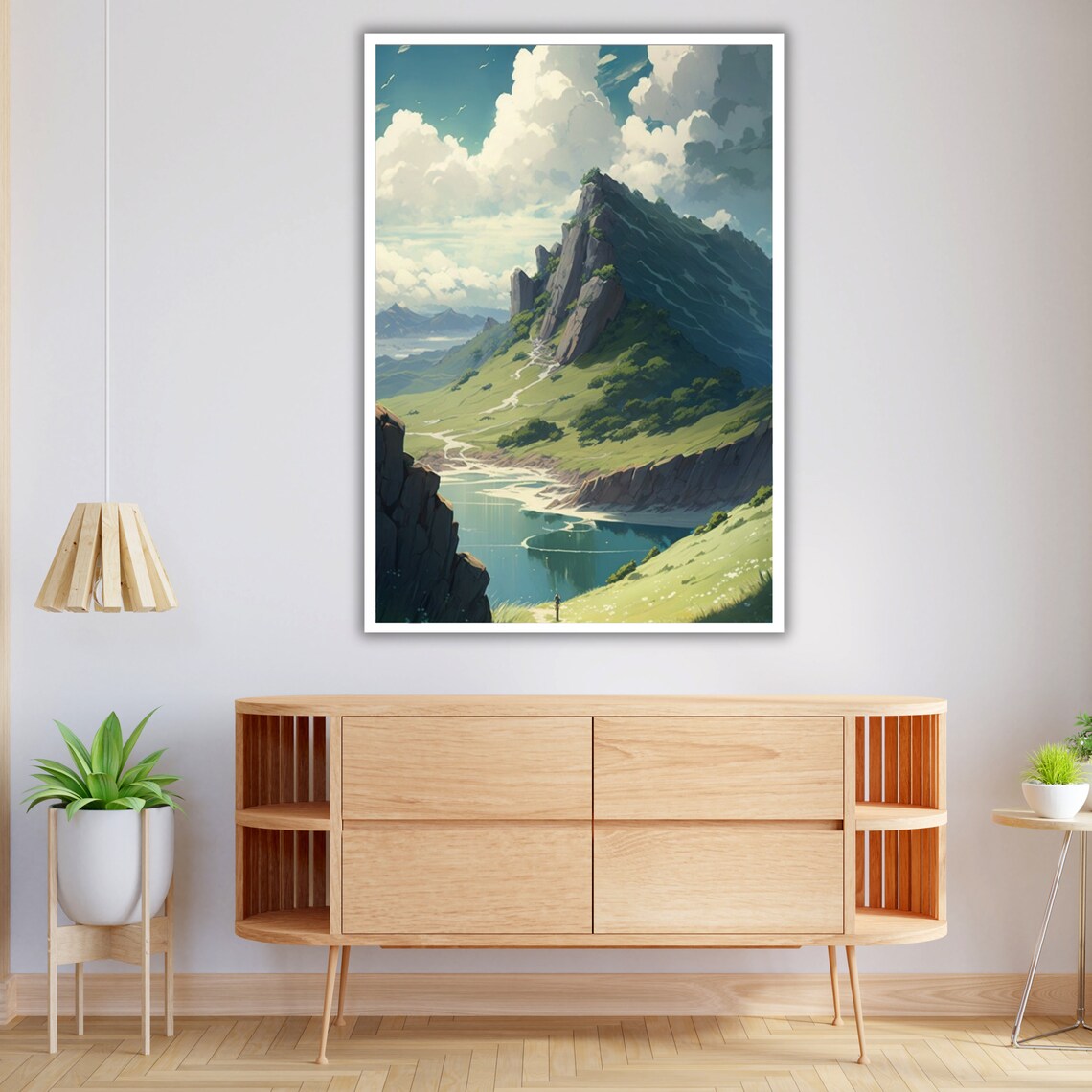 Anime Style Mountain Valley Lake Green Meadows Dreamlike Travel Poster - Image 4