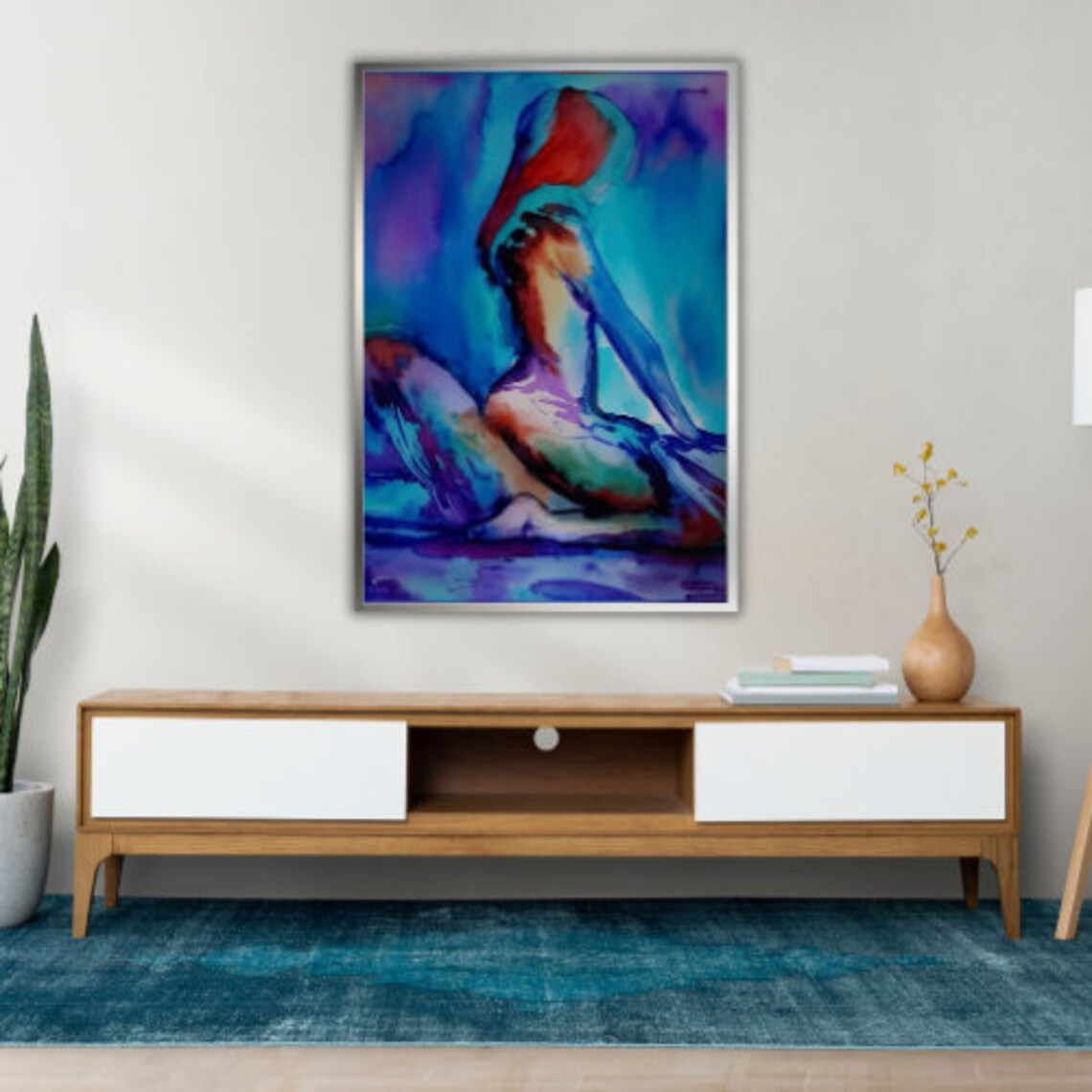 Abstract Watercolor Seated Woman Silhouette Blue Purple Feminine Art Poster - Image 3