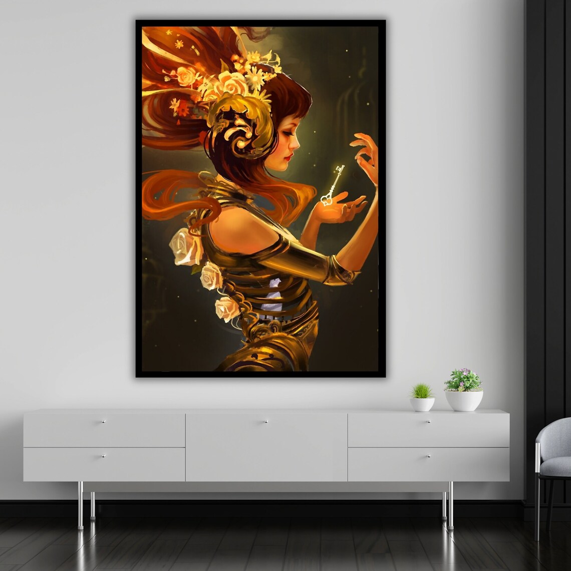 Steampunk Girl With Gears And Glowing Key Fantasy Digital Art Wall Poster - Image 2