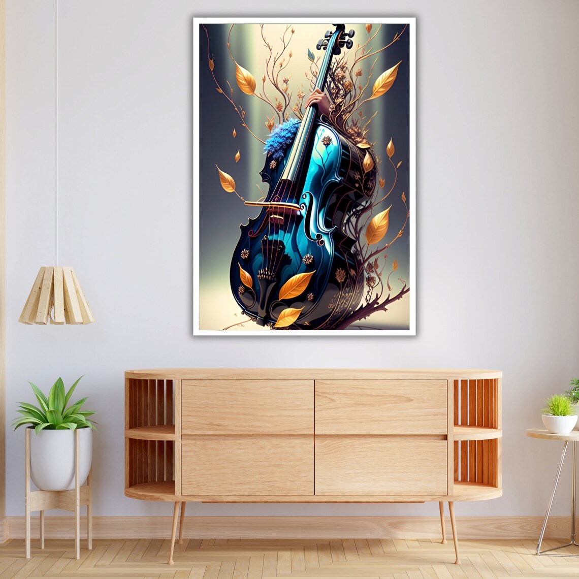 Fantasy Blue Double Bass With Golden Branches And Leaves Music Wall Art - Image 4