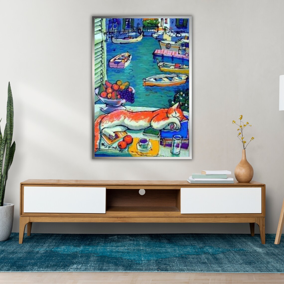 Orange Cat Sleeping Windowsill Harbor Boats Fauvist Art Print - Image 4