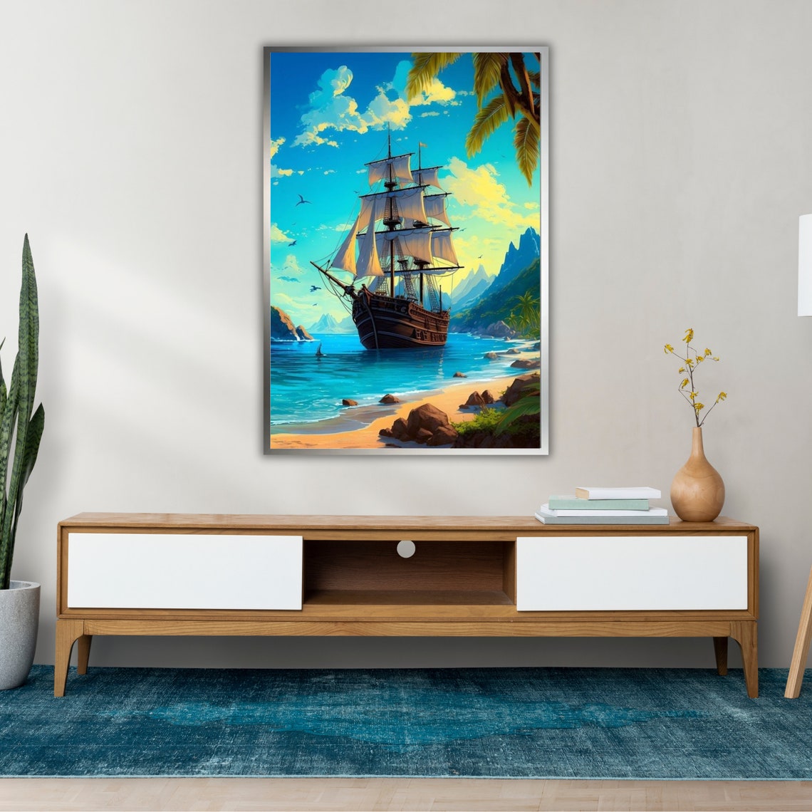Tall Pirate Ship Anchored Tropical Beach Lagoon Adventure Art Print - Image 3