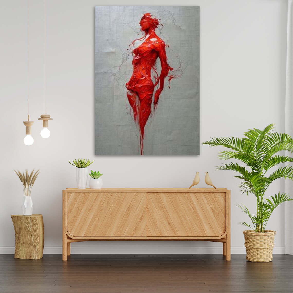Woman Red Paint Splash Figure Profile Grey Background Expressive Art Print - Image 3