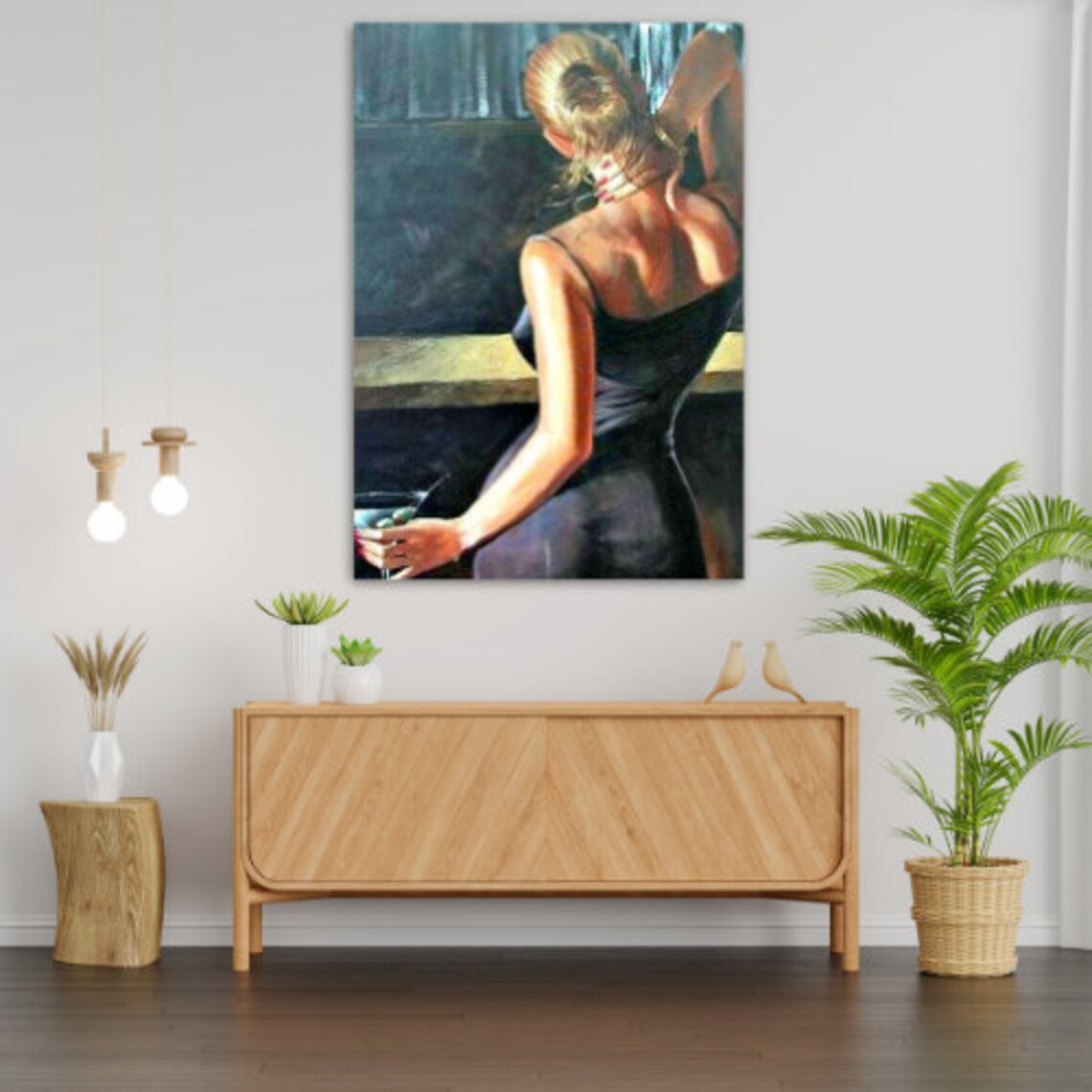 Glamorous Woman In Black Dress At A Cocktail Bar Noir Art Painting Print - Image 3
