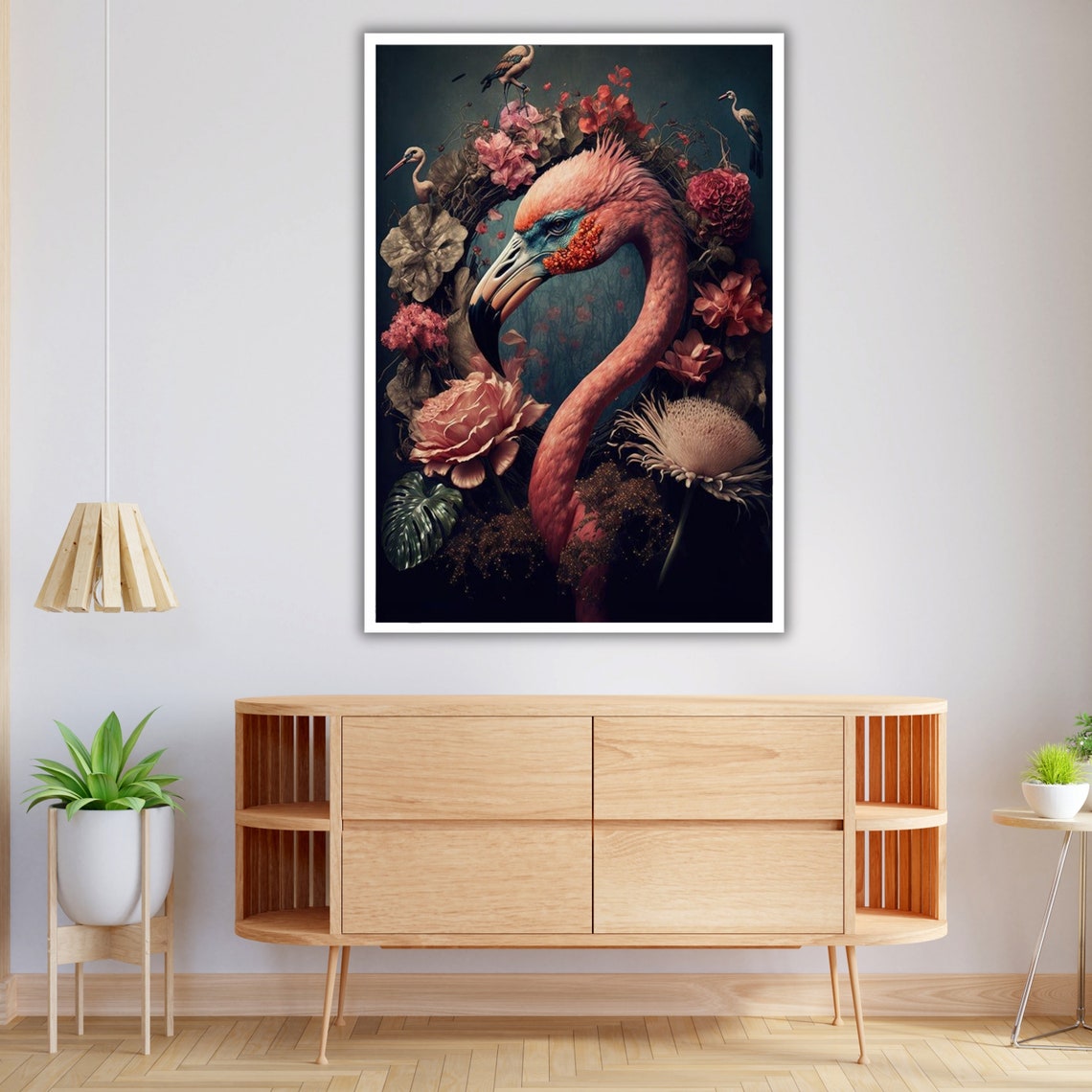 Elegant Flamingo With Lush Floral Bloom Dark Botanical Art Wall Poster - Image 3