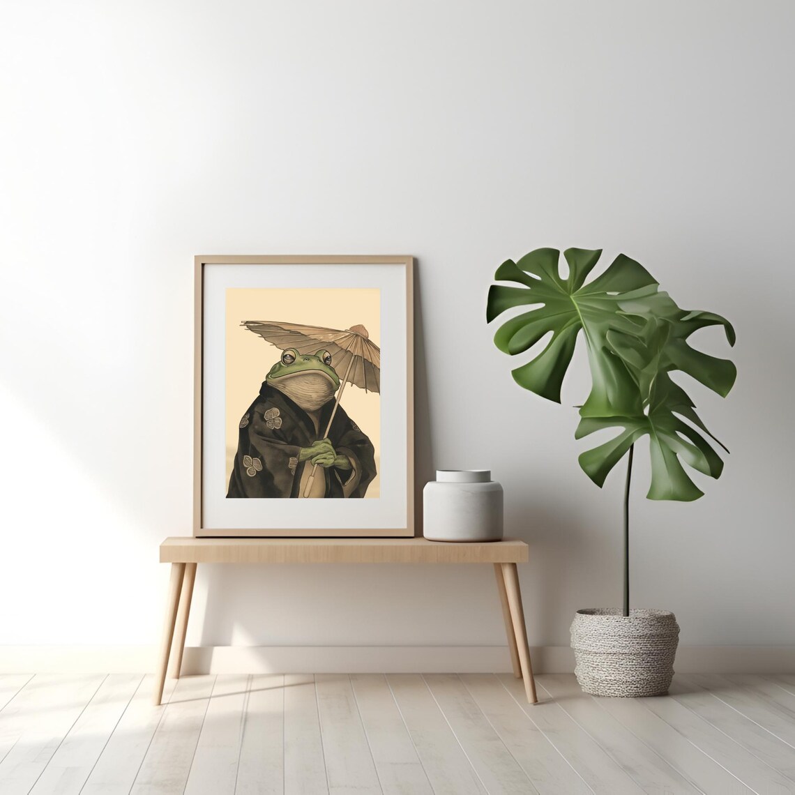 Japanese Woodblock Frog with Grey Umbrella, Kimono - Image 2