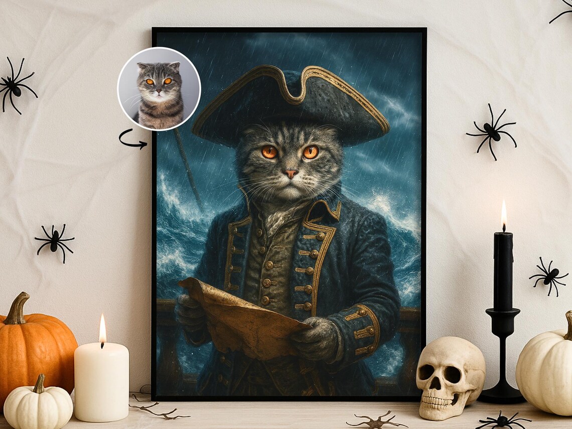 Pirate Admiral Pet Portrait, Custom Halloween Art Print