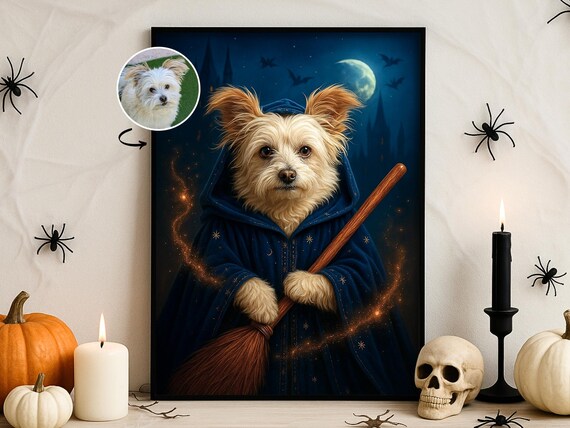 Halloween Custom Pet Portrait Wizard Broomstick Wall Art Flying Witch Dog Cat Poster