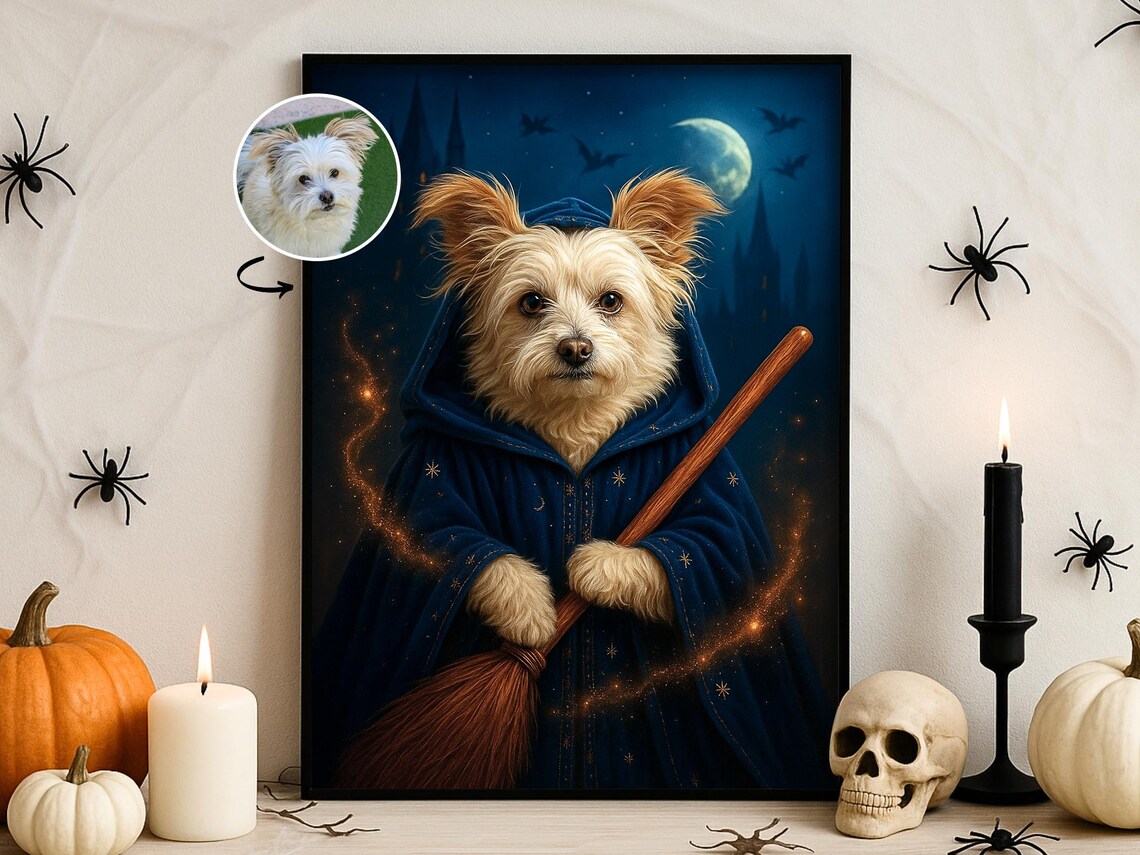 Halloween Custom Pet Portrait Wizard Broomstick Wall Art Flying Witch Dog Cat Poster