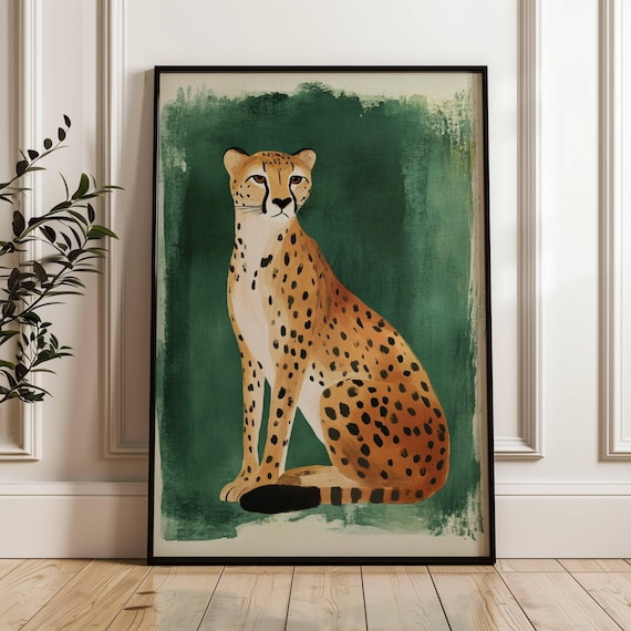 Spotted Wild Cat Sitting Portrait Emerald Green Watercolor Poster