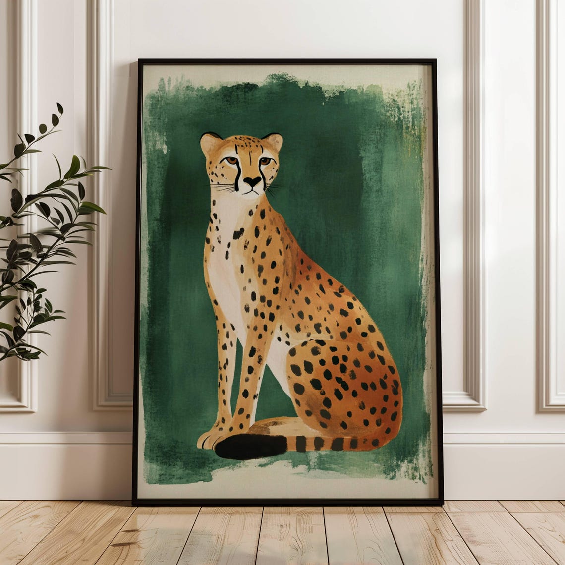 Spotted Wild Cat Sitting Portrait Emerald Green Watercolor Poster