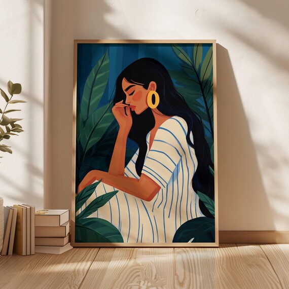 Woman in Striped Dress Among Tropical Leaves Dark Art Poster