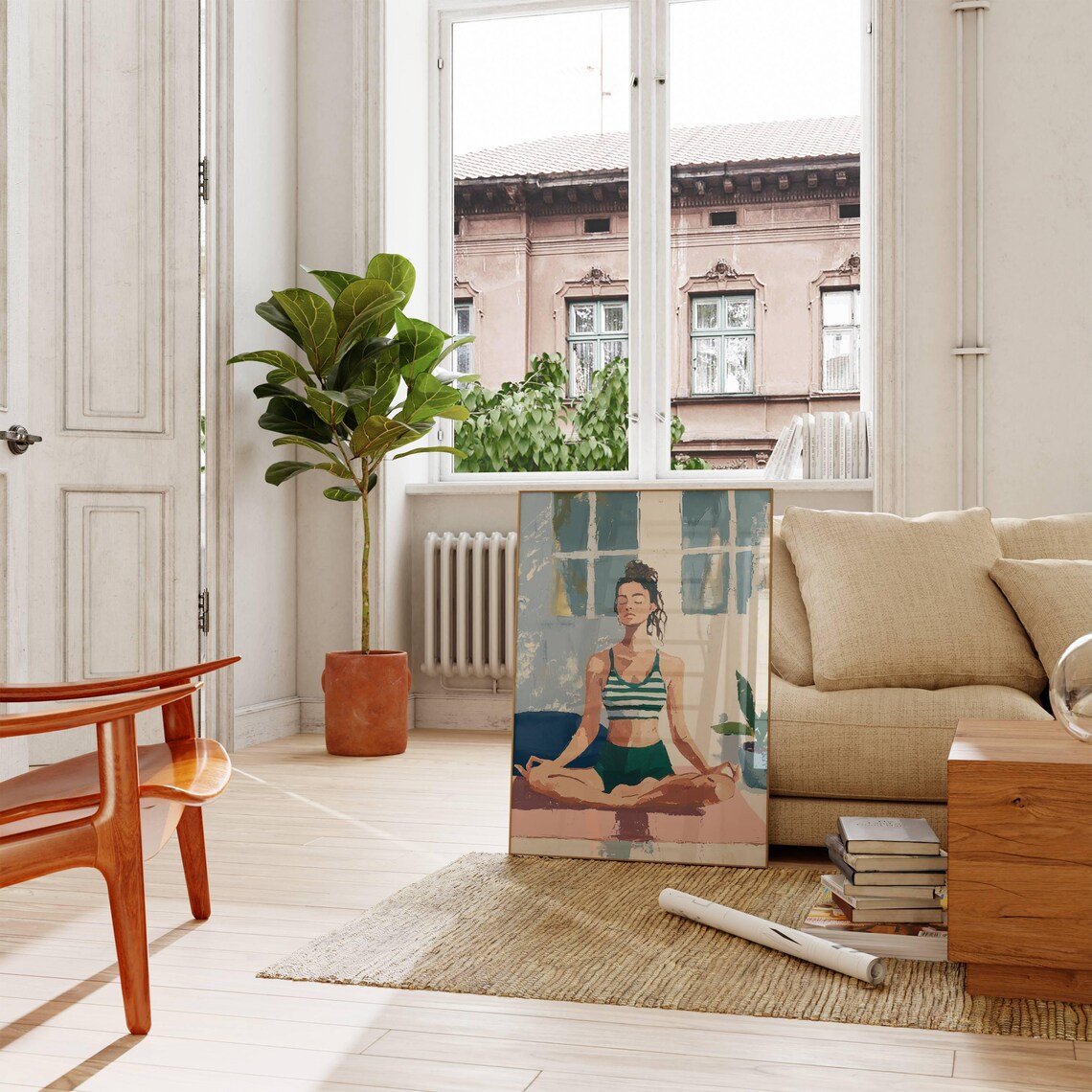 Woman Meditating in Yoga Pose by Window Wellness Room Art Poster - Image 2