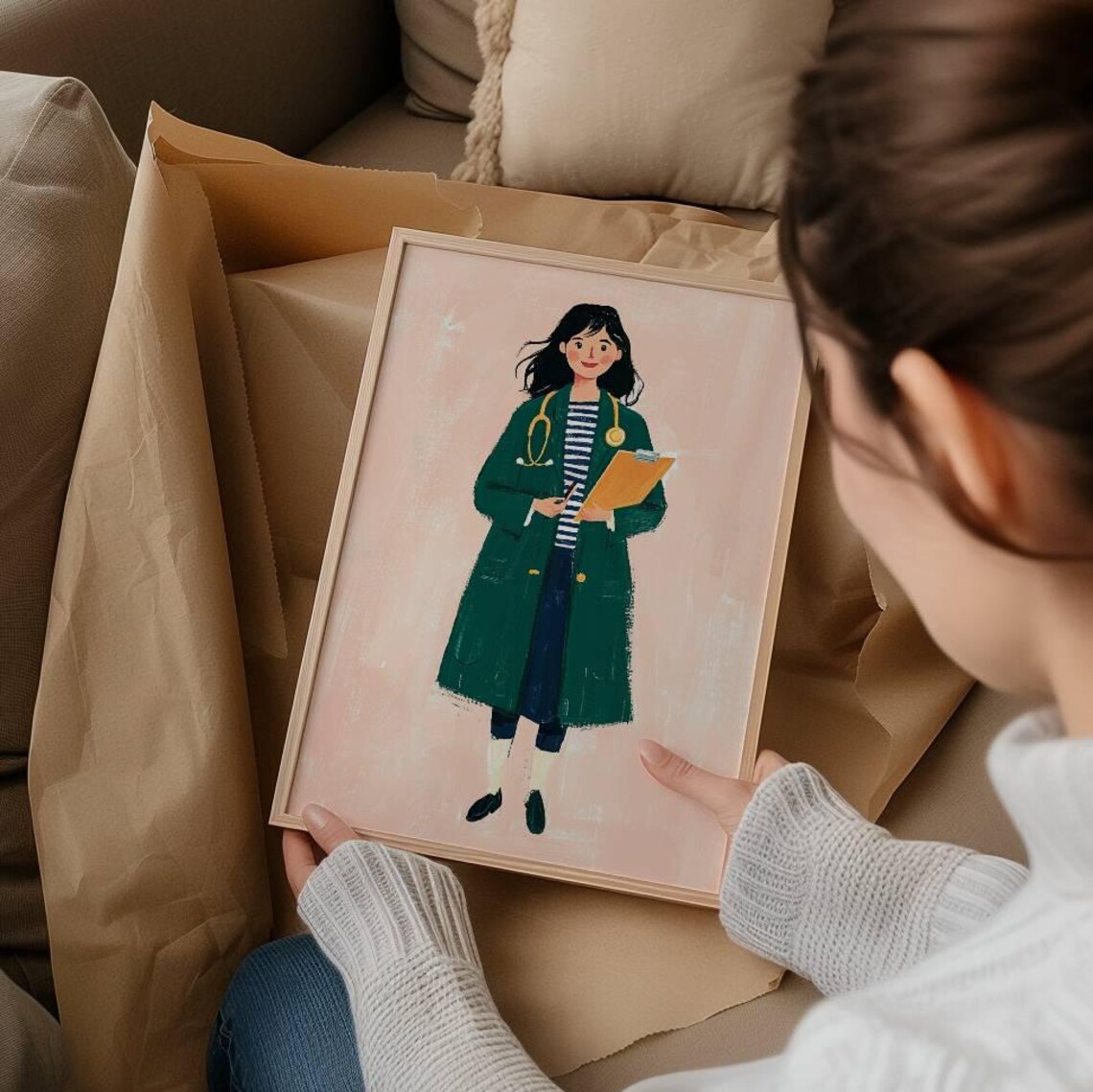 Female Doctor Illustration Green Coat Stethoscope Art Poster - Image 3