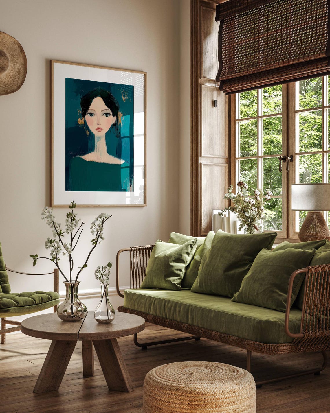 Woman Portrait with Expressive Eyes on Dark Green Art Poster - Image 3