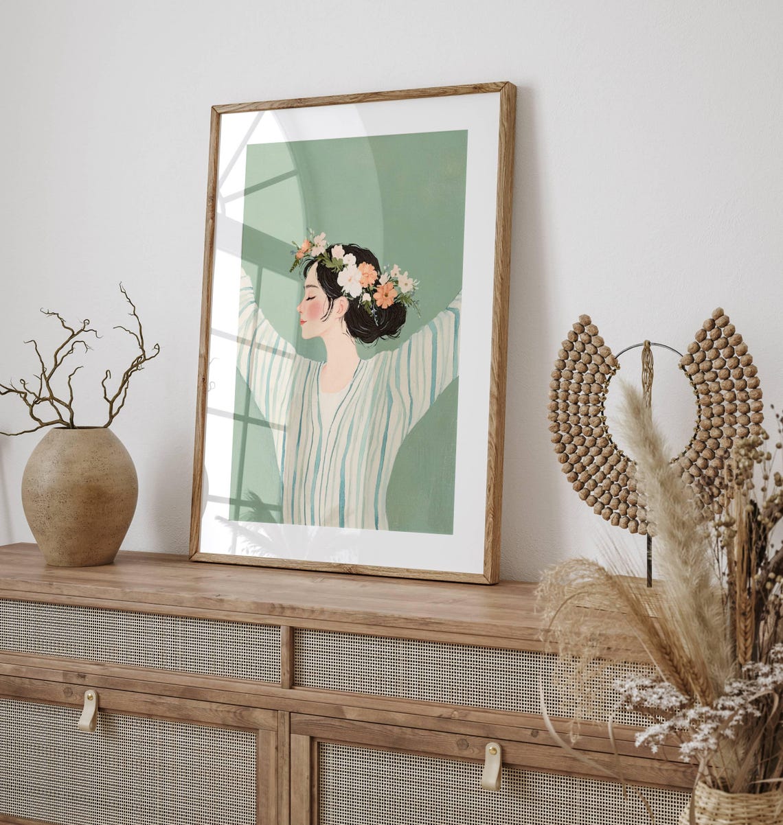 Girl with Flower Crown Arms Raised on Green Abstract Figure Art Poster - Image 4