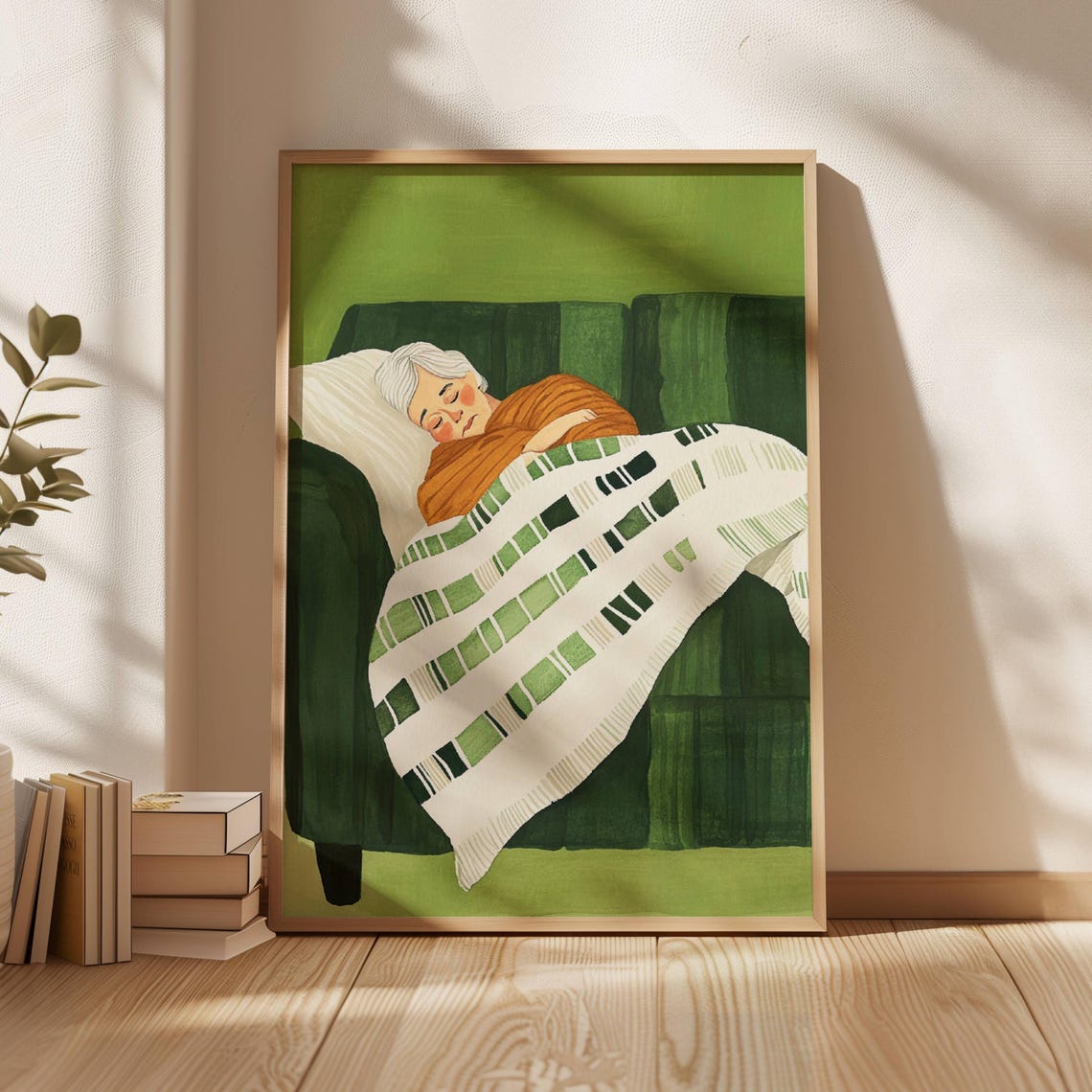 Sleeping Grandmother on Sofa Green Cozy Illustration Art Poster