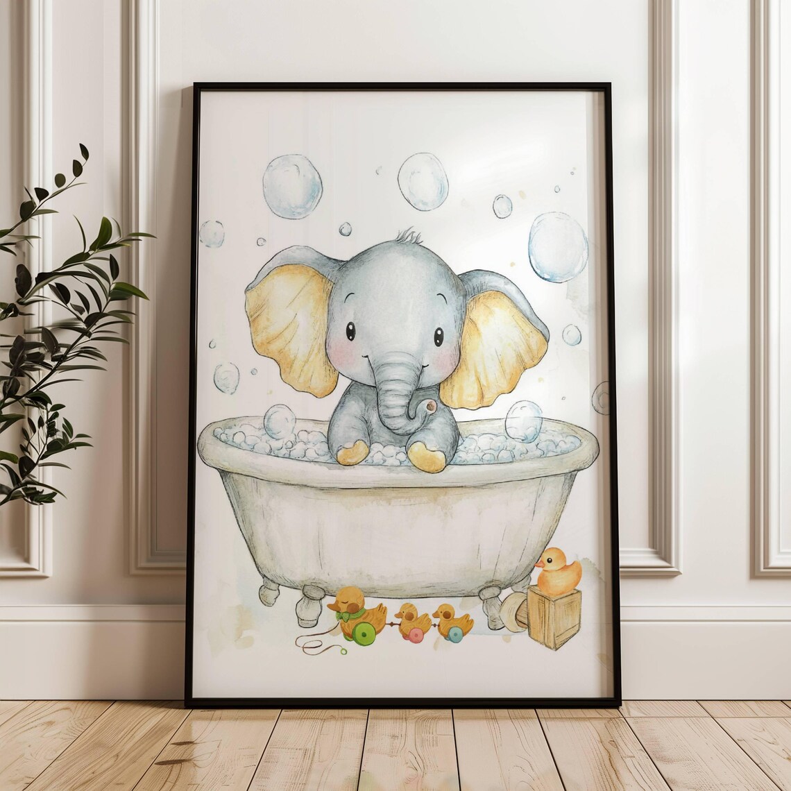 Cute Baby Elephant in Bubble Bath Tub Watercolor With Rubber Ducks Poster - Image 3