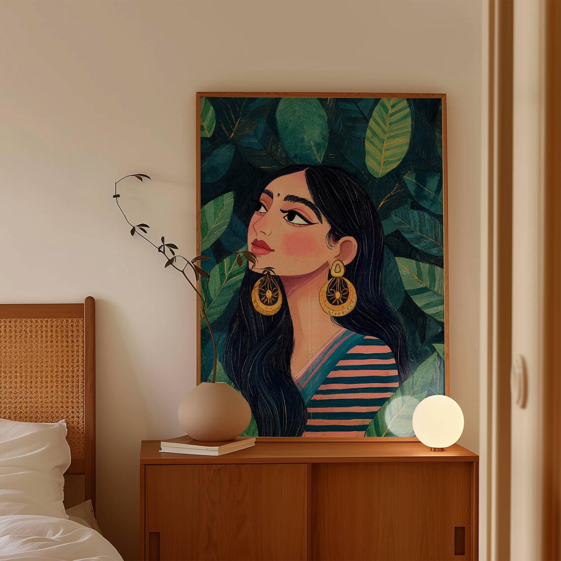 Indian Woman Portrait Gold Earrings Dark Green Tropical Art Poster