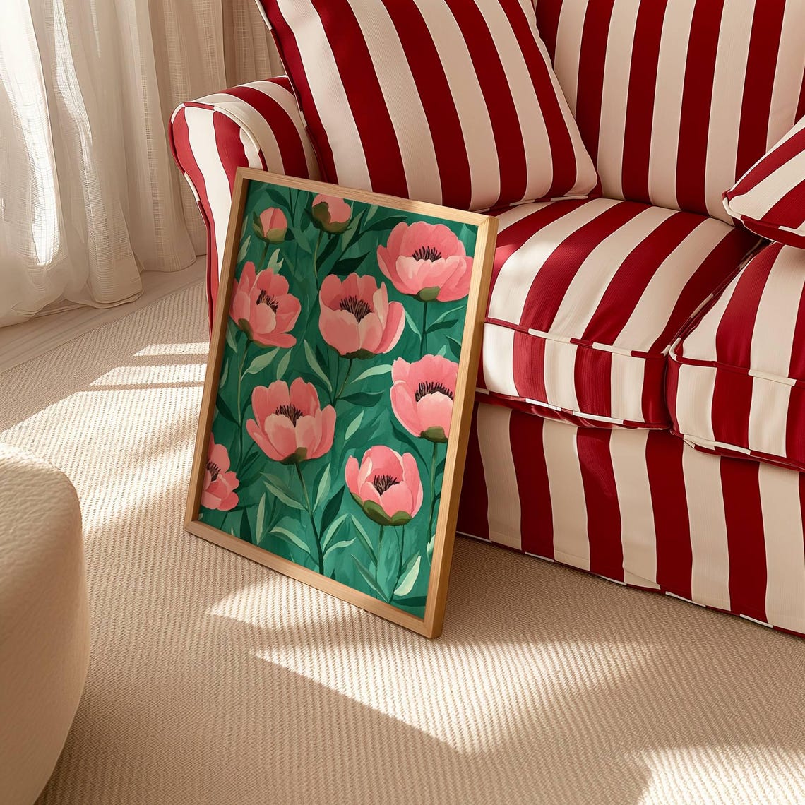 Pink Peony Flowers On Emerald Green Modern Floral Botanical Poster - Image 3