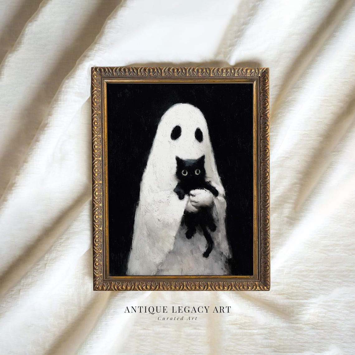 Ghost Holding Black Cat Cute Spooky Halloween Minimal Art Poster