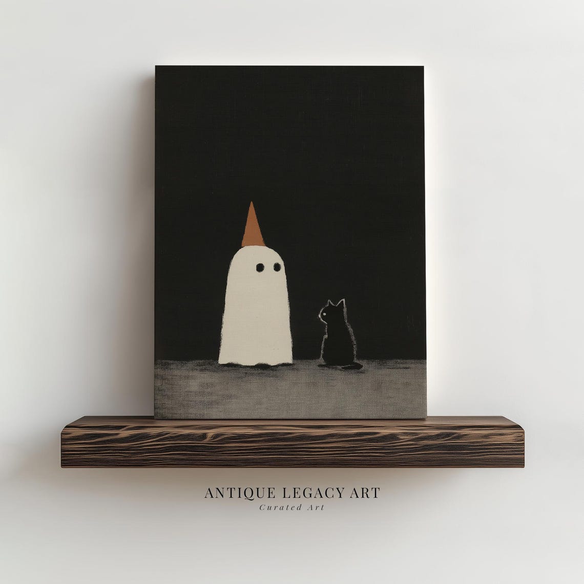 Cute Ghost With Party Hat and Black Cat Minimal Halloween Poster