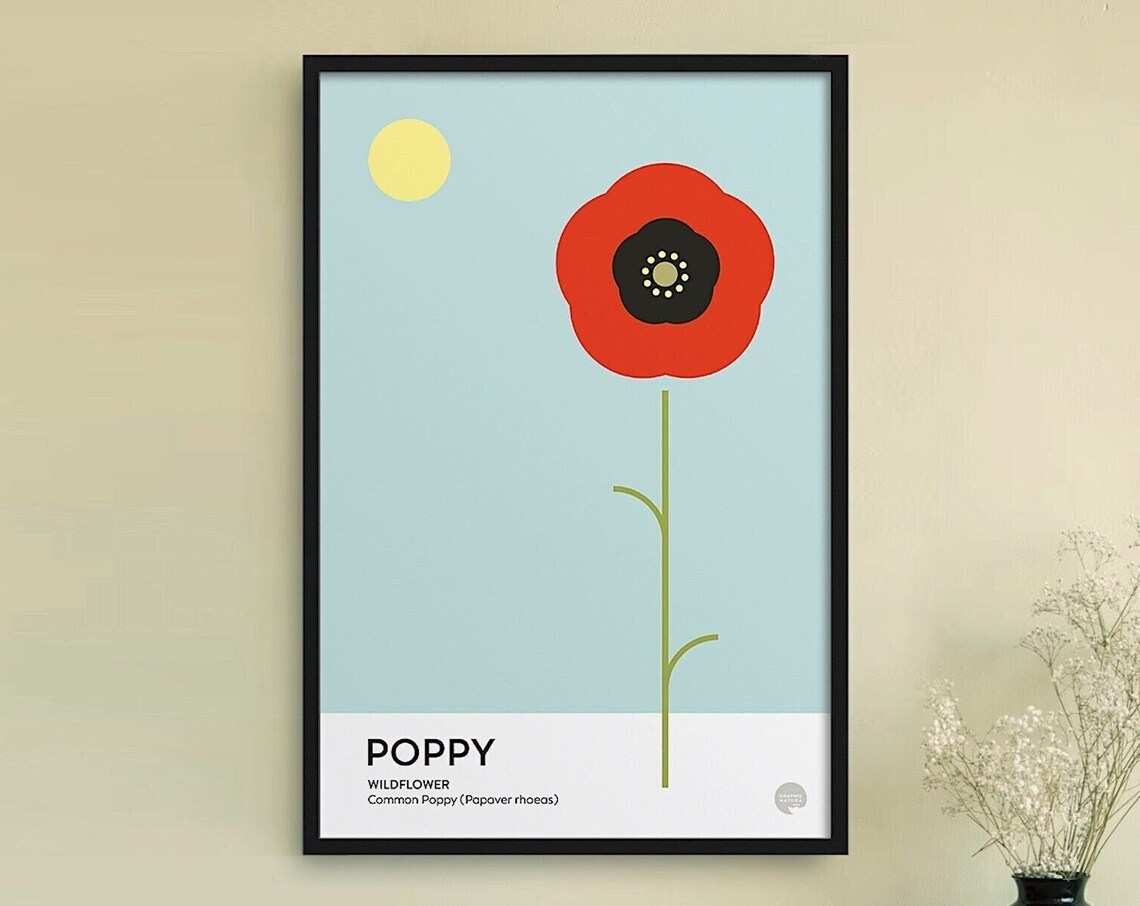 Single Tall Red Poppy Wildflower on Sky Blue Botanical Art Poster - Image 5