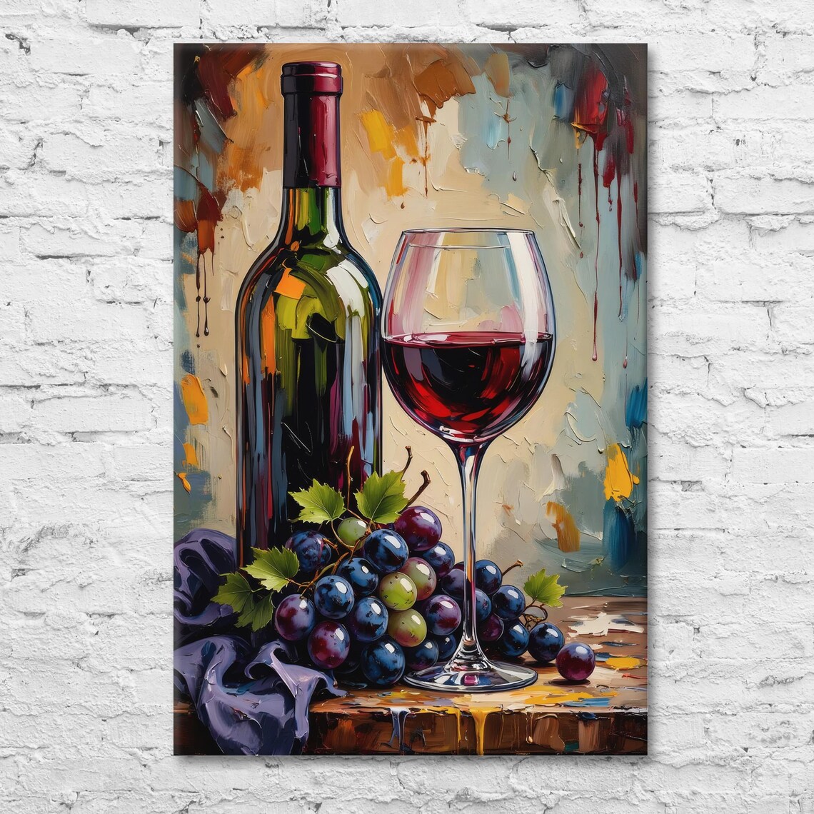 Red Wine Bottle Glass Grapes Classic Still Life Artwork Poster - Image 2