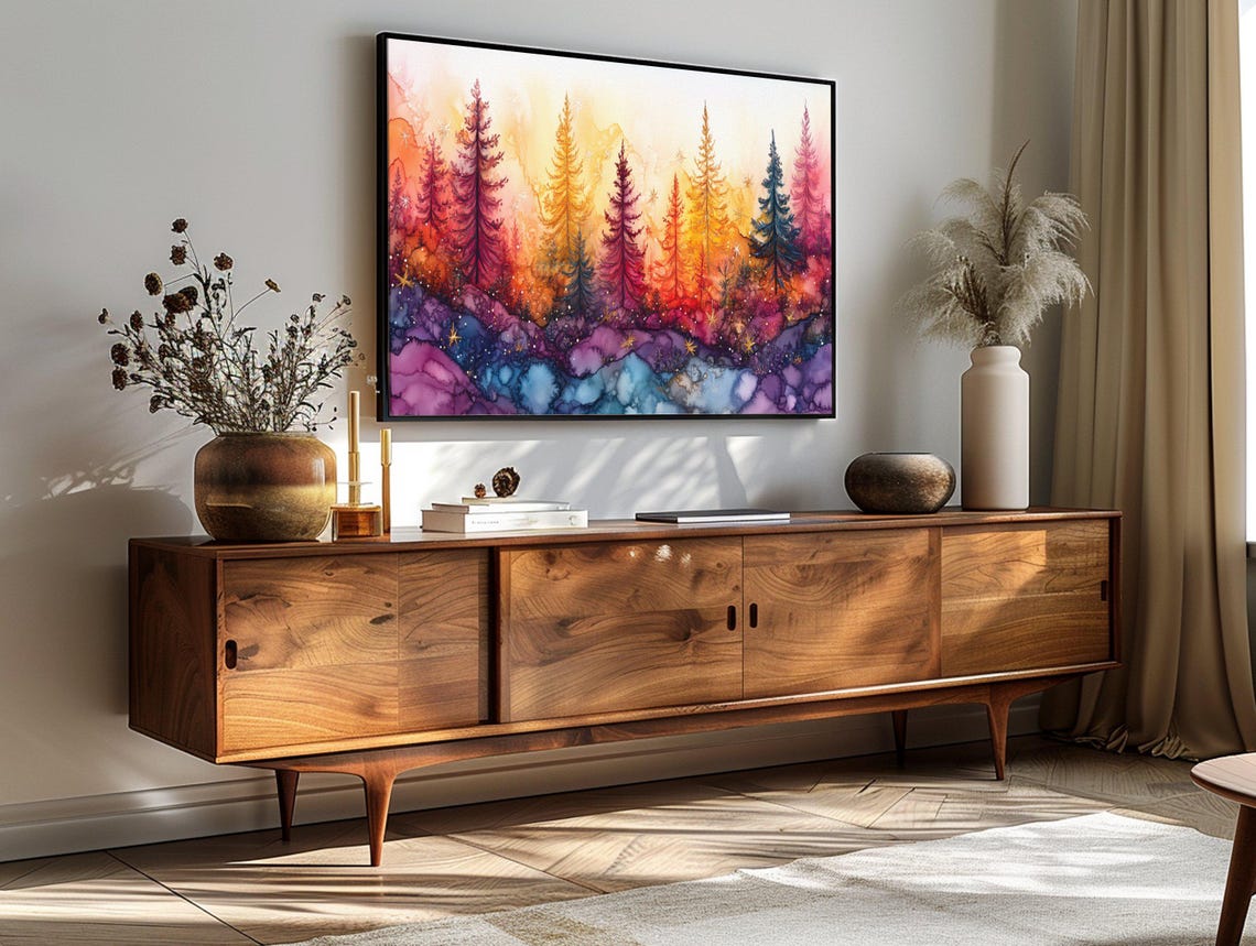 Christmas Trees Alcohol Ink Sunset Pine Forest Holiday Wall Art - Image 3