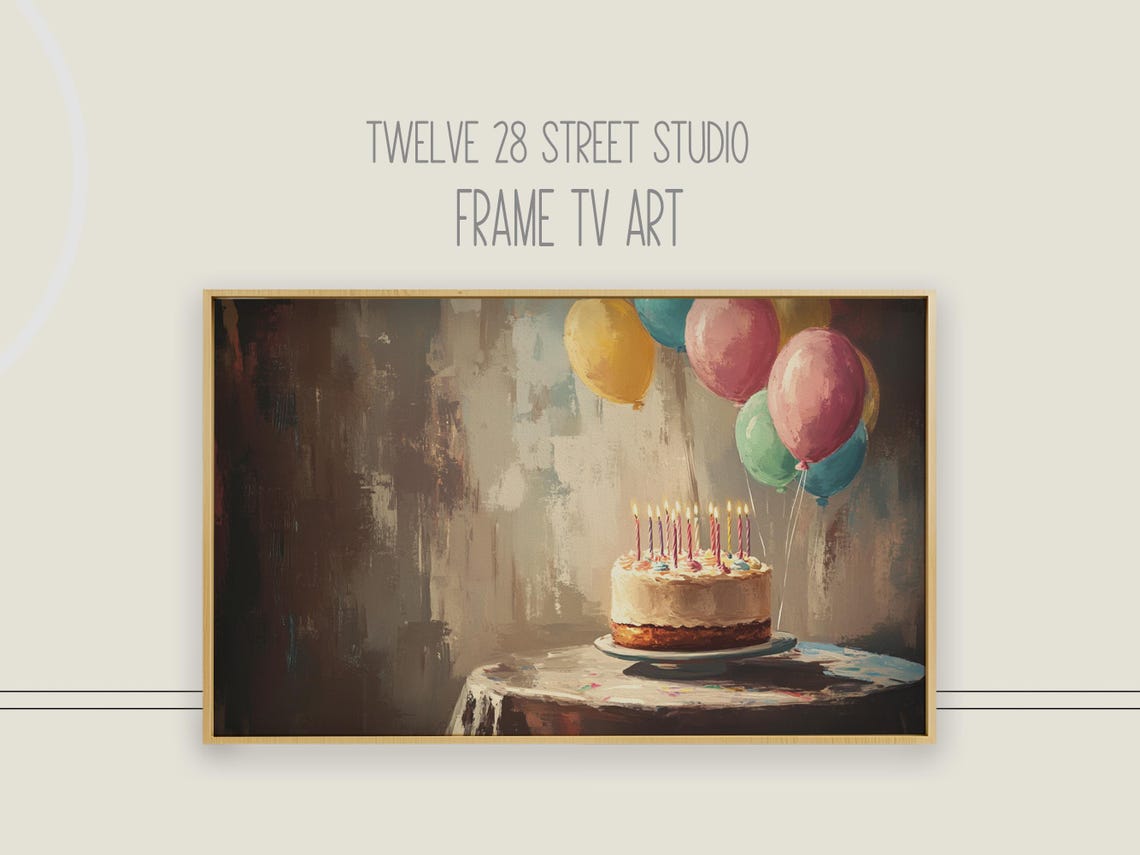 Vintage Birthday Cake Candles Pastel Balloons Celebration Art Print
