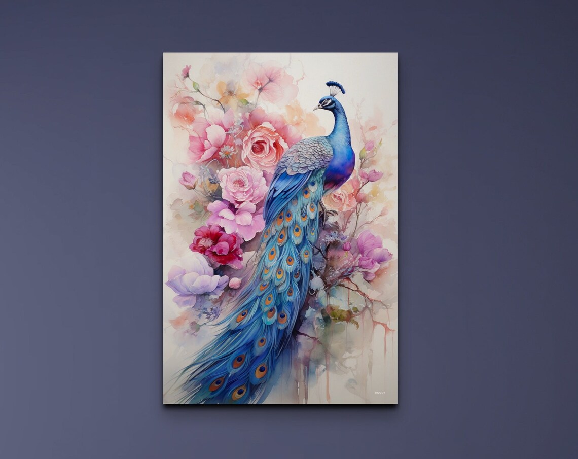 Peacock With Pink Flowers Vintage Oil Painting Style Art Poster