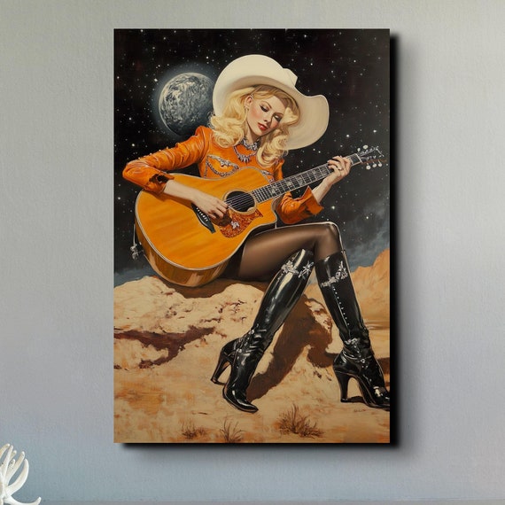 Galactic Guitar Cowgirl, Vintage Space Art Print