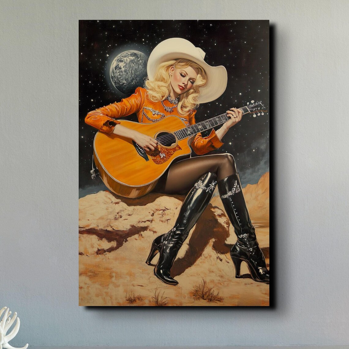 Galactic Guitar Cowgirl, Vintage Space Art Print