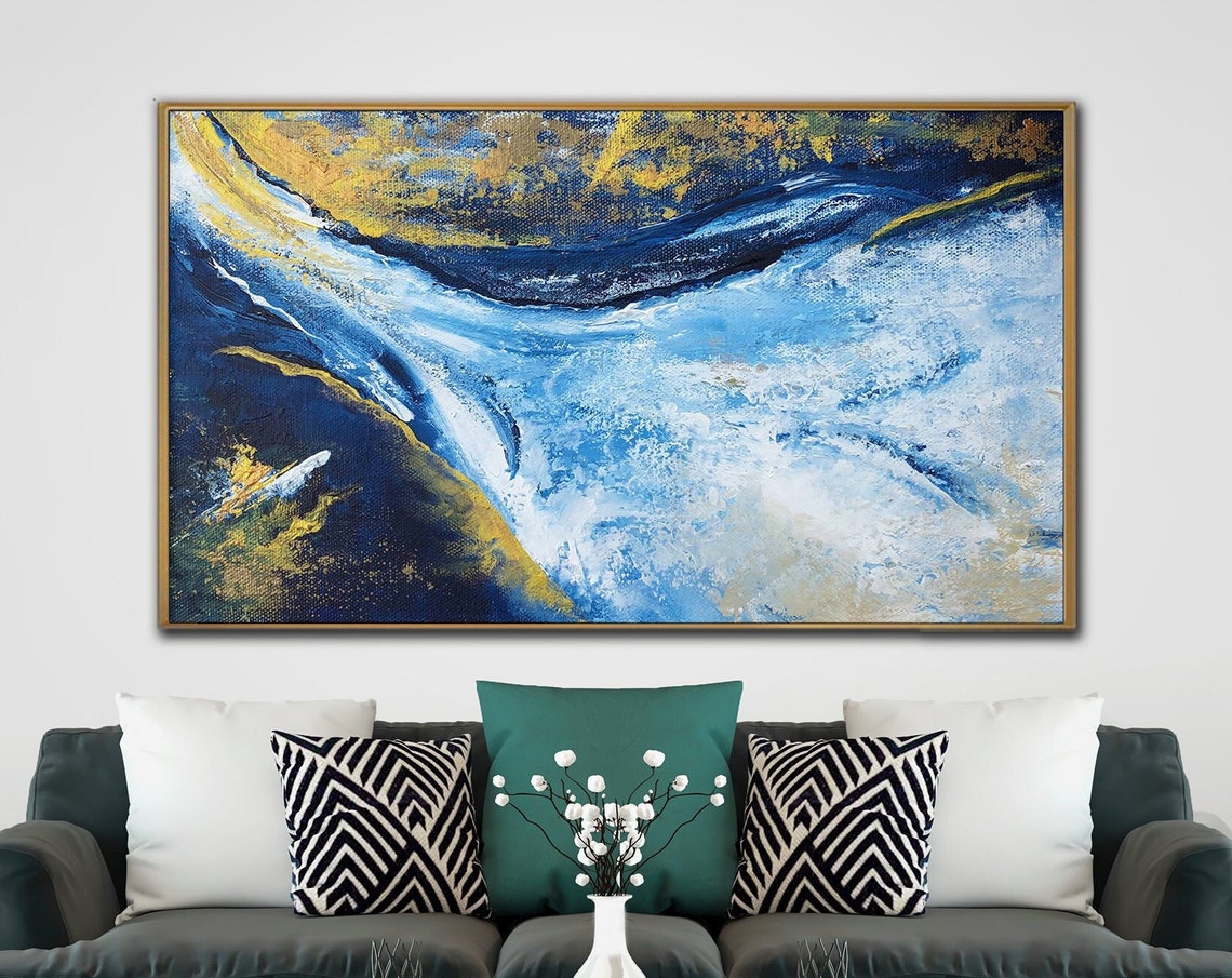 Gold and Blue Abstract Ocean Wave Seascape Modern Art Poster